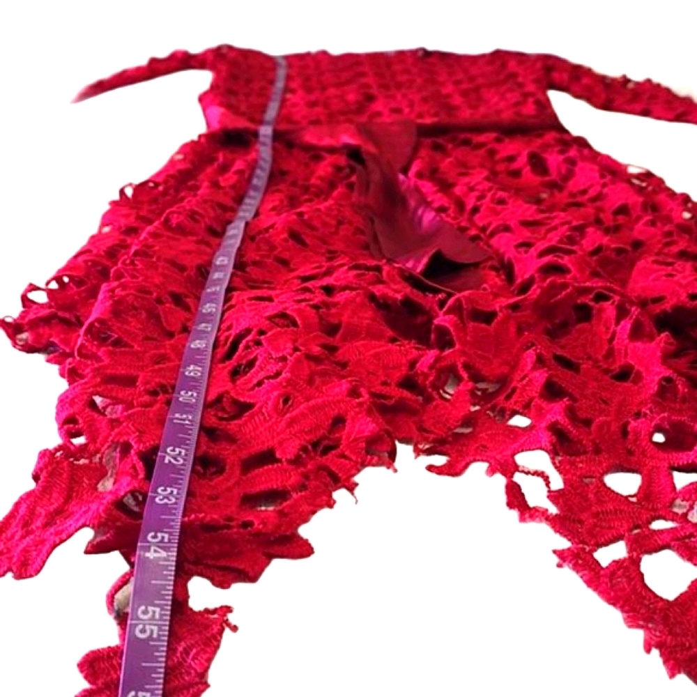 Laser Cut Red Crochet Sexy Cocktail Dress Long Sleeve Beetlejuice High Waist - Picture 10 of 11